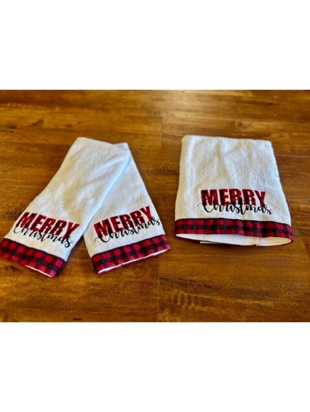 Set of 3 White Merry Christmas 1 Towel & 2 Hand Towels Red and Black Plaid Trim